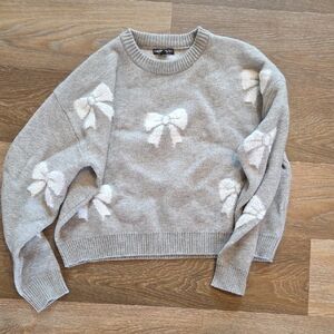 Harper Gray Sweater with White Bow Details